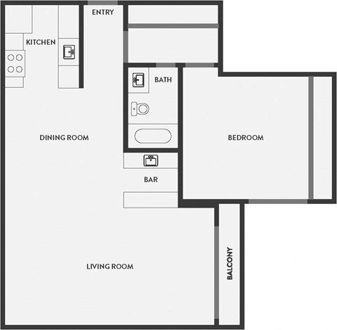 Floor plan for 1 bed, 1 bath, 843 sqft